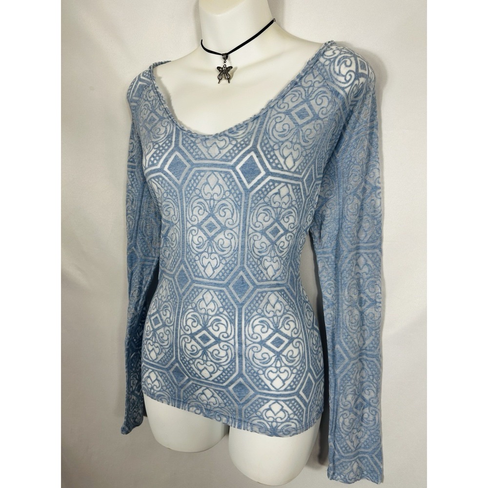 Sheer Fitted Geo Top Long Sleeve Size L Y2K Boho Fairy Grunge Indie Clean Girl